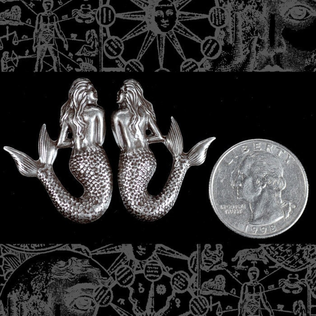 Antiqued Silver Plated Brass Shy Mermaid Pendants Pair - S-P42